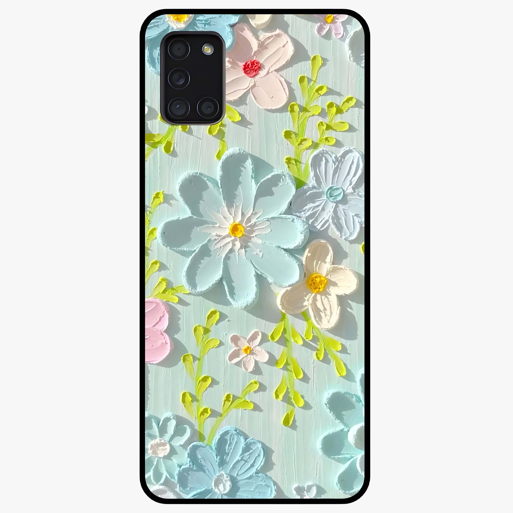 Frosted Petal Garden Glass Case showing flat back view with soft frosted floral artwork and glossy glass finish.