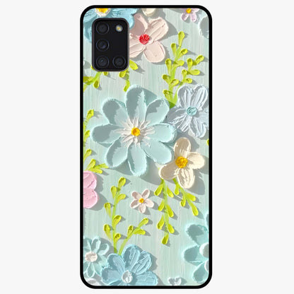 Frosted Petal Garden Glass Case showing flat back view with soft frosted floral artwork and glossy glass finish.