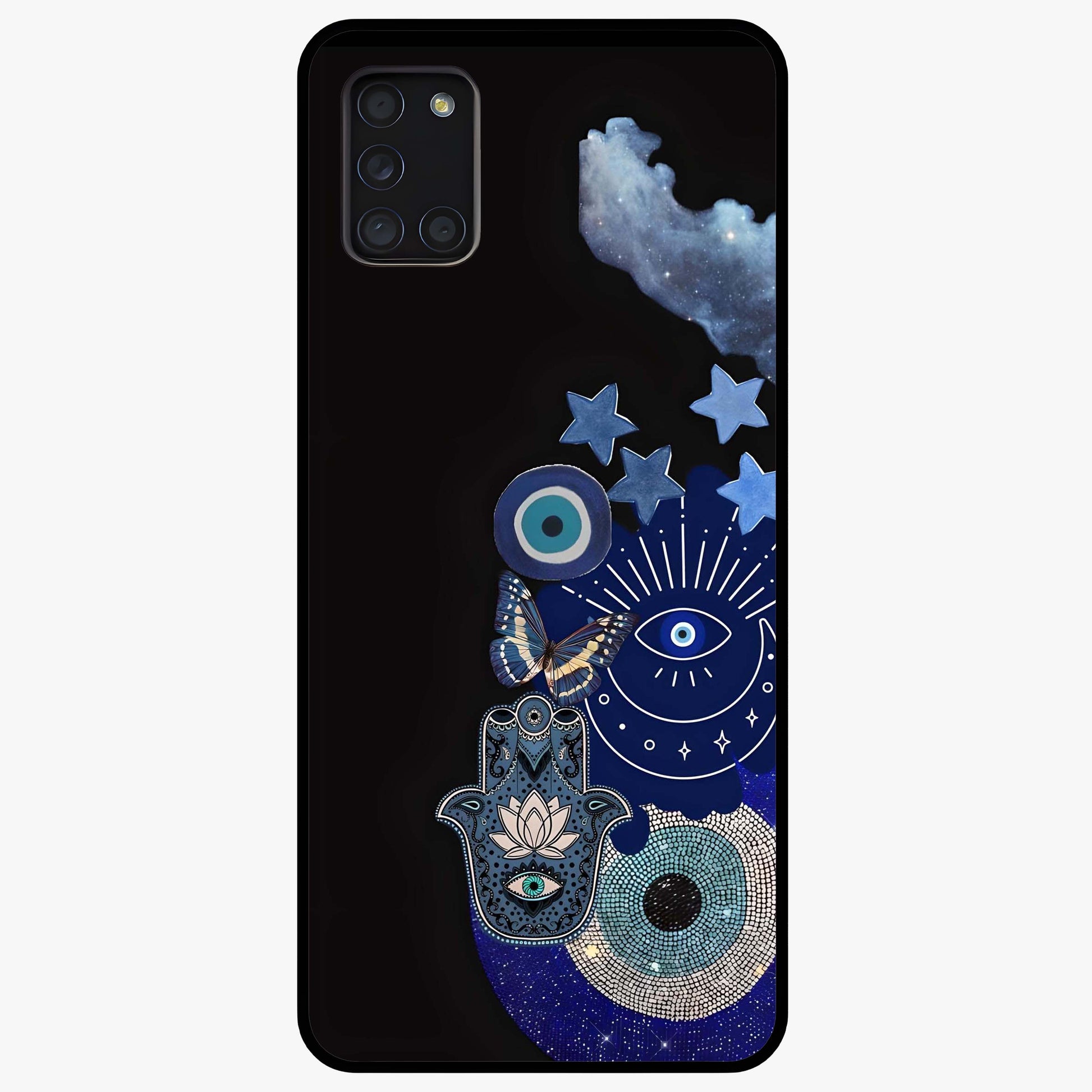 Galactic Charm Cluster Glass Case showing flat back view with glowing celestial charm artwork and glossy glass finish.