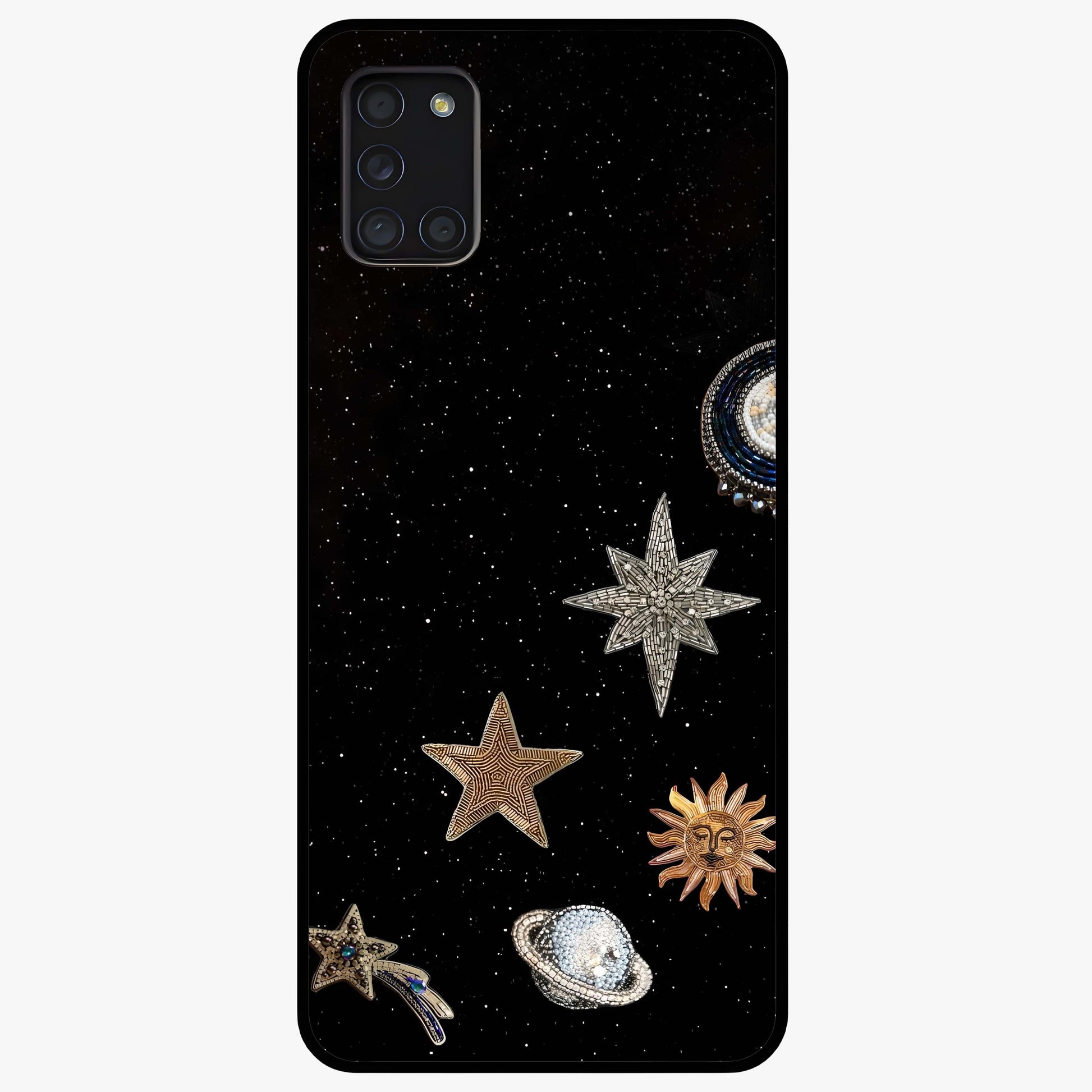 Galactic Charm Glow Glass Case showing flat back view with glowing celestial charm artwork and glossy glass finish.