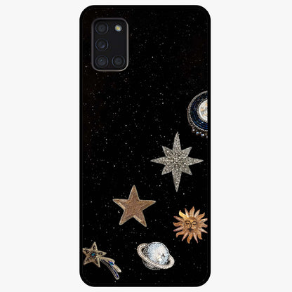 Galactic Charm Glow Glass Case showing flat back view with glowing celestial charm artwork and glossy glass finish.