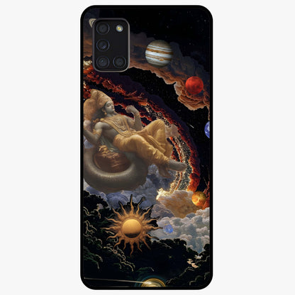 Galactic Divine God Glass Case showing flat back view with divine cosmic themed artwork and glossy glass finish.