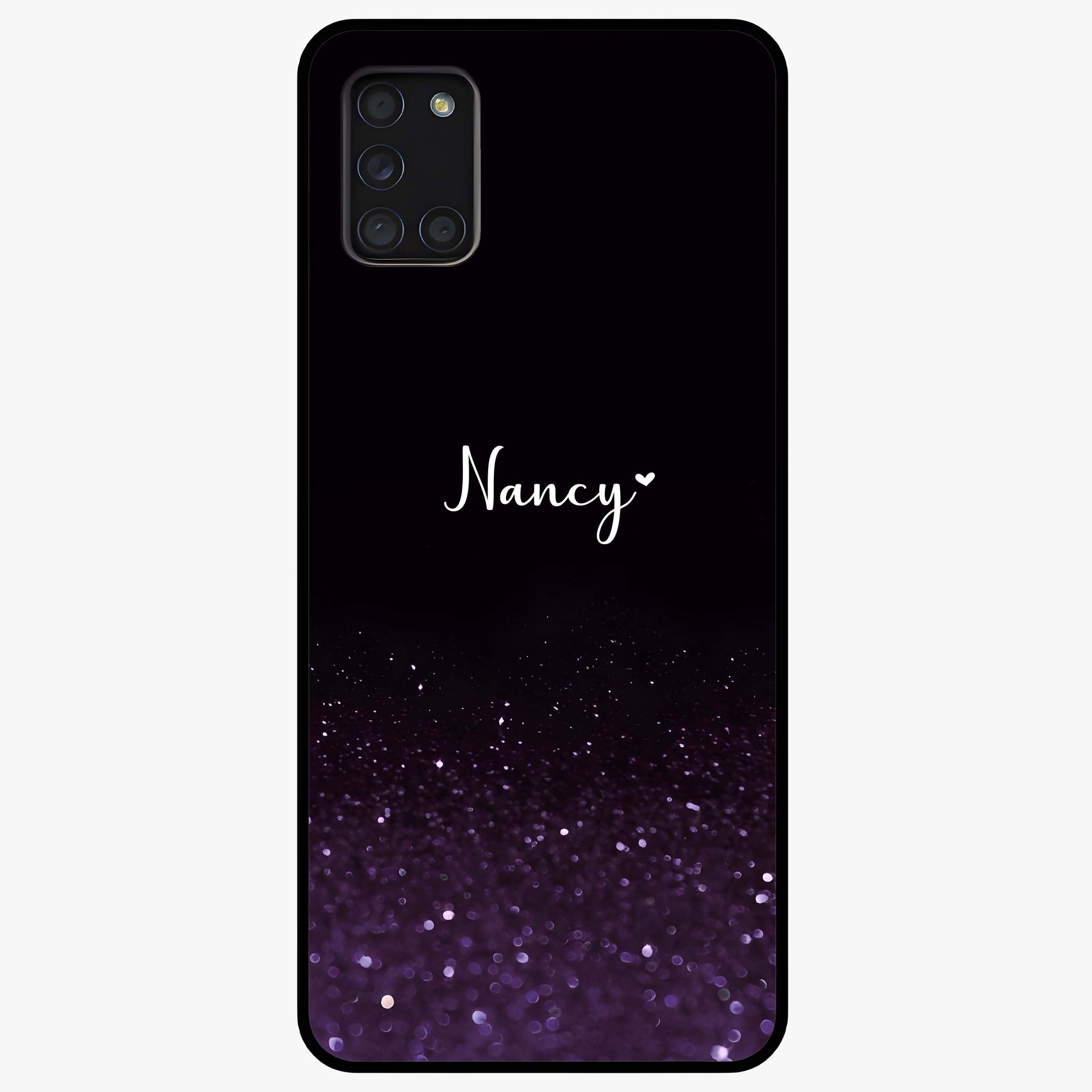 Glittery Purple Bokeh Custom Name Glass Case showing flat back view with purple bokeh sparkle artwork and personalized name design.