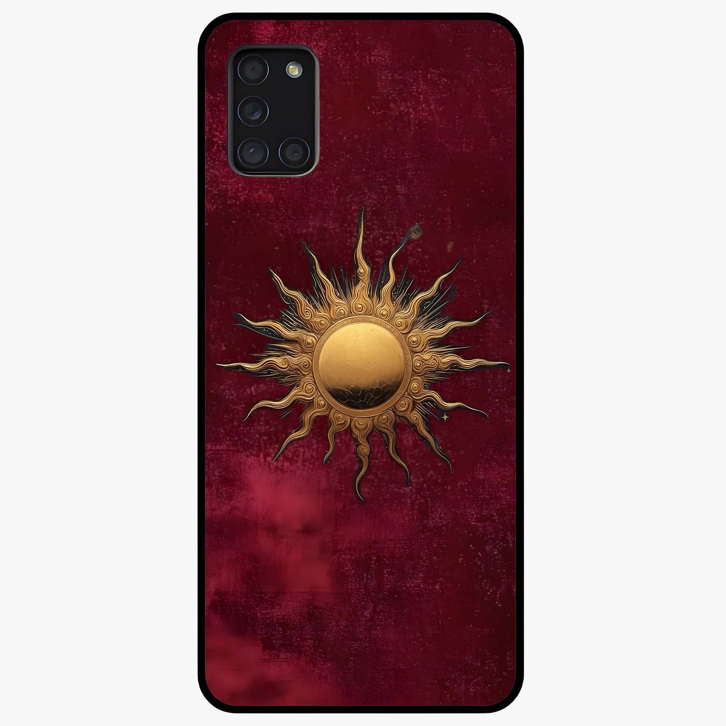 Gold Sun Blush Glass Case showing flat back view with golden sun inspired artwork and glossy glass finish.