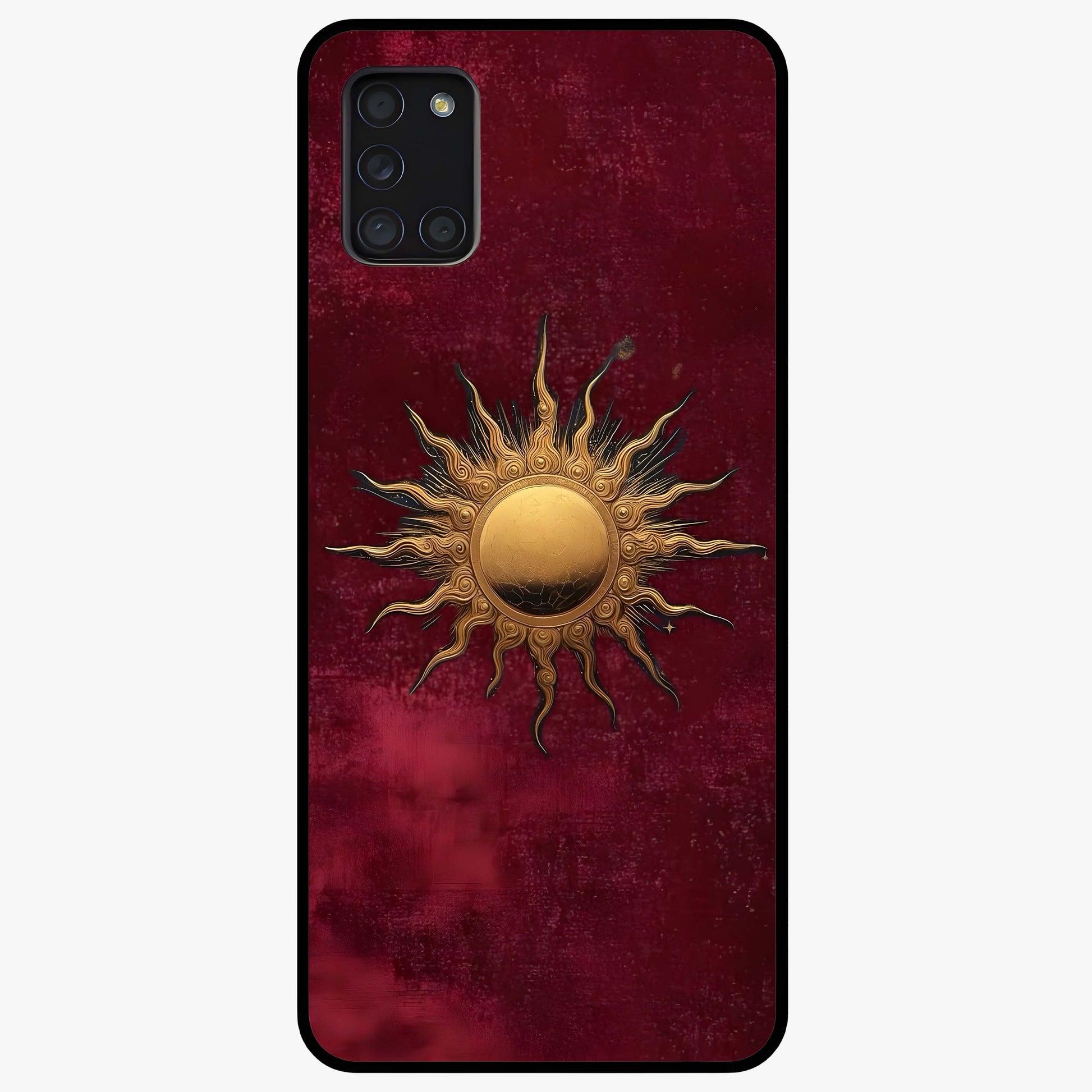 Gold Sun Blush Glass Case showing flat back view with golden sun inspired artwork and glossy glass finish.