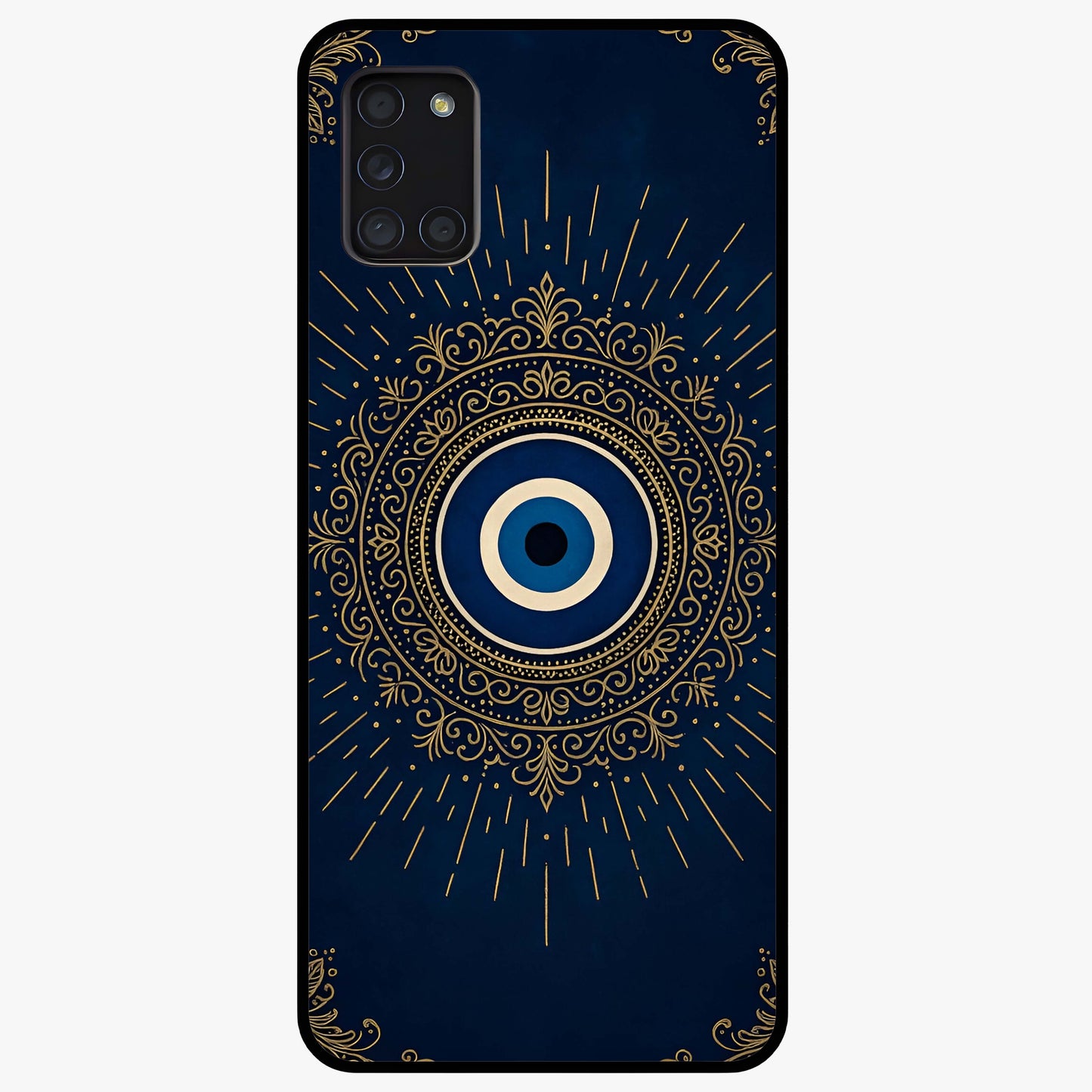 Golden Evil Eye Mandala Glass Case showing flat back view with intricate evil eye mandala artwork and glossy glass finish.