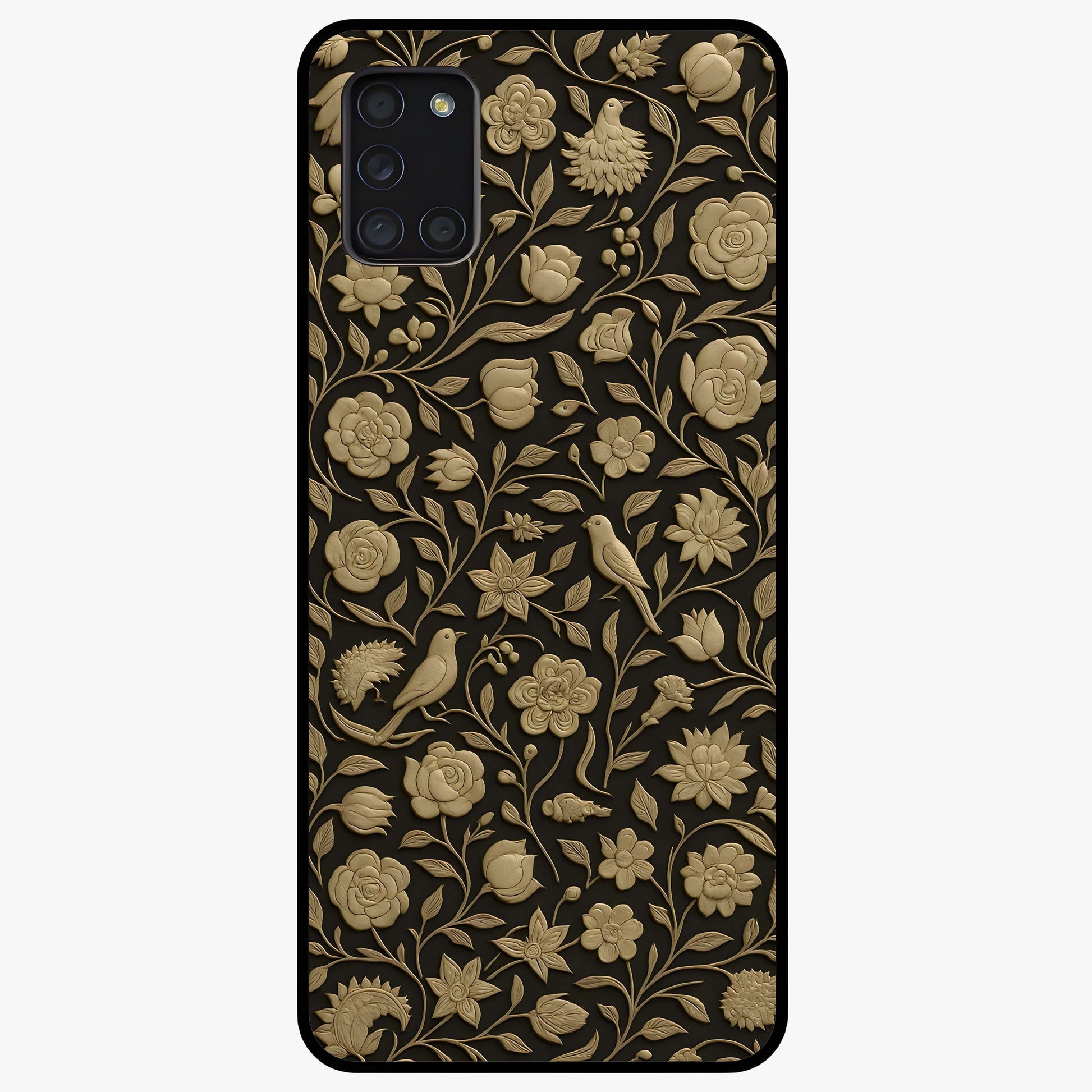 Golden Floral Majesty Glass Case showing flat back view with luxurious golden floral artwork and glossy glass finish.