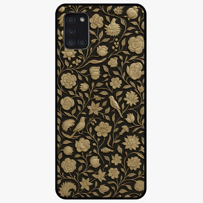 Golden Floral Majesty Glass Case showing flat back view with luxurious golden floral artwork and glossy glass finish.