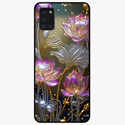 Golden Lotus Glow Glass Case showing flat back view with glowing lotus flower artwork and glossy glass finish.