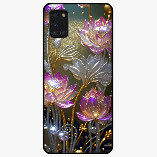 Golden Lotus Glow Glass Case showing flat back view with glowing lotus flower artwork and glossy glass finish.