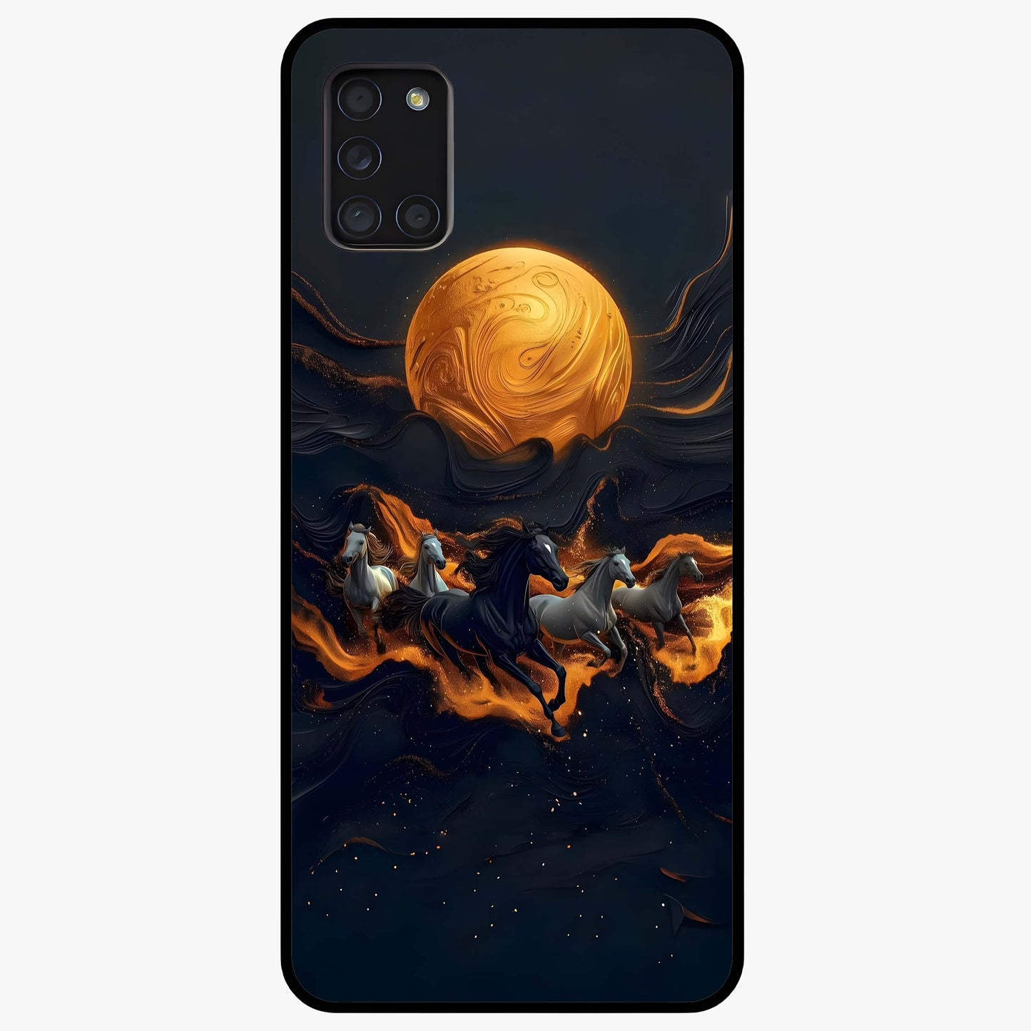 Golden Stallion Moonride Glass Case showing flat back view with majestic horse under moonlight artwork and glossy glass finish.