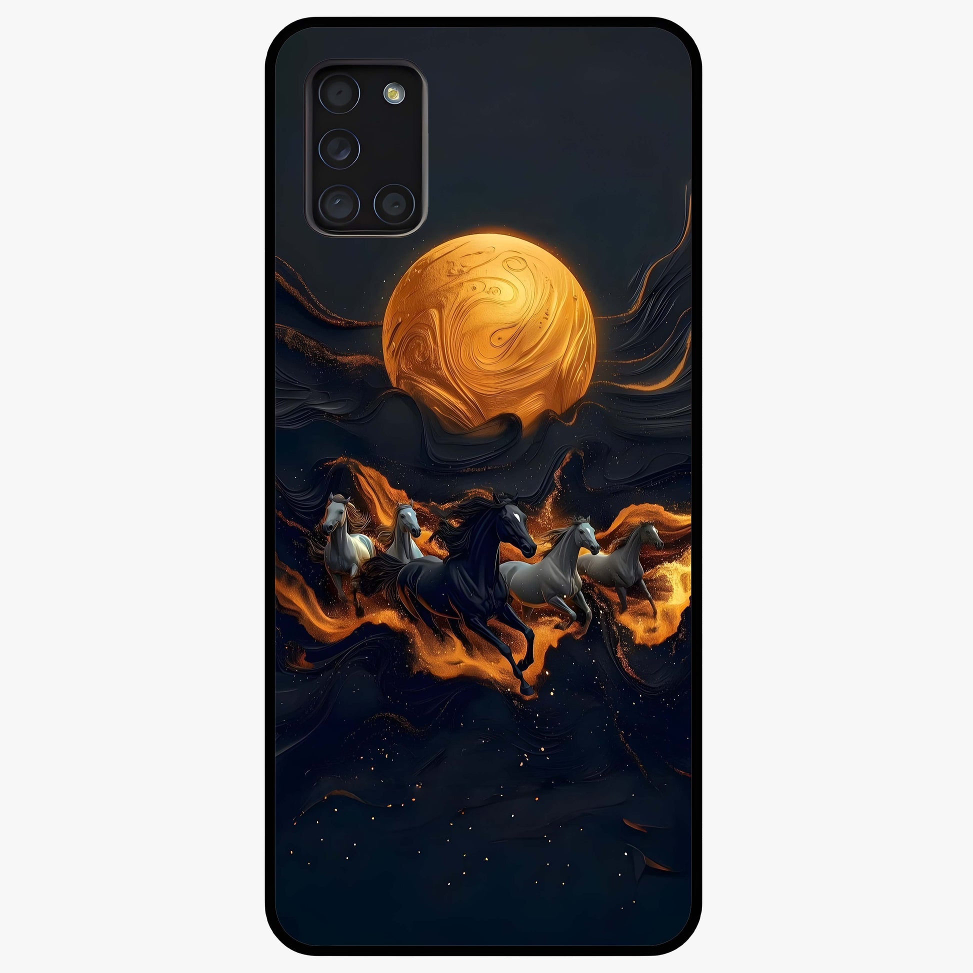 Golden Stallion Moonride Glass Case showing flat back view with majestic horse under moonlight artwork and glossy glass finish.