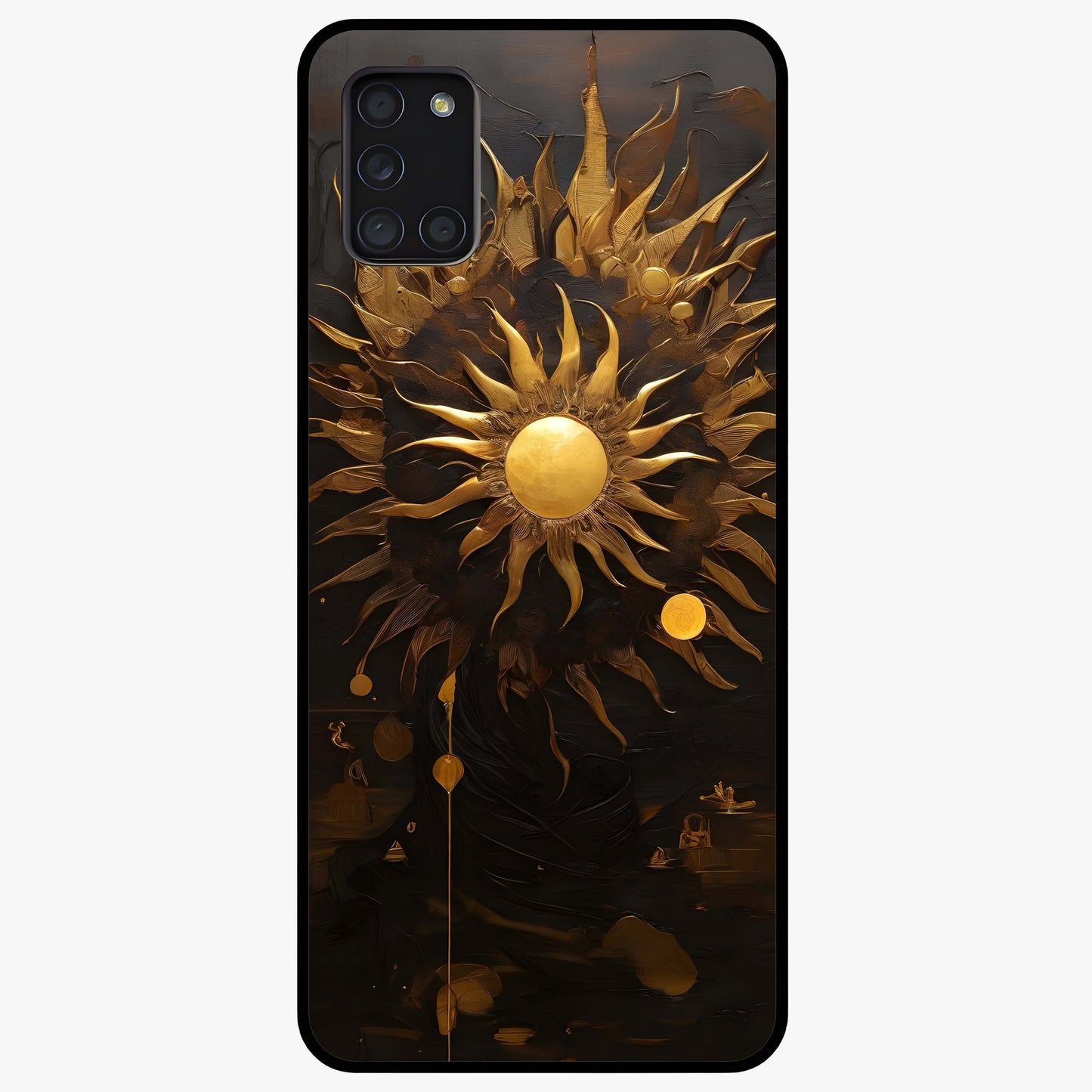 Golden Sun Majesty Glass Case showing flat back view with radiant golden sun artwork and glossy glass finish.