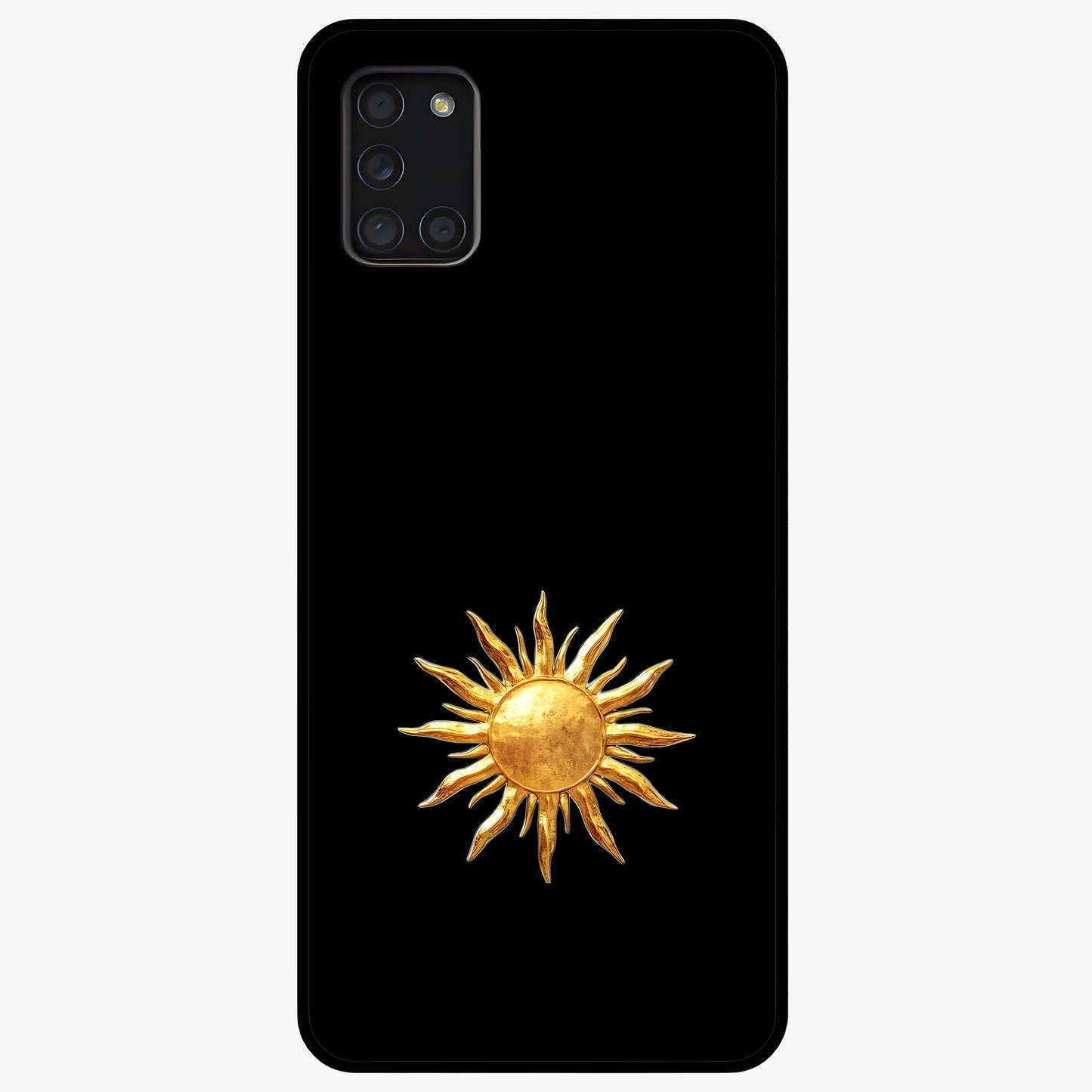 Golden Sun Minimalism Glass Case showing flat back view with minimal golden sun artwork and glossy glass finish.