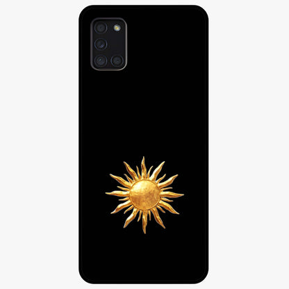 Golden Sun Minimalism Glass Case showing flat back view with minimal golden sun artwork and glossy glass finish.