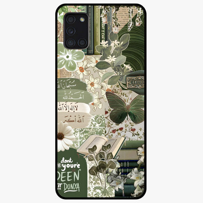 Green Islamic Books Quotes Glass Case showing flat back view with Islamic quotes and book themed artwork and glossy glass finish.