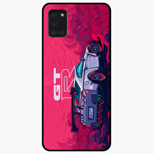 GT-R Car Pattern Glass Case showing flat back view with sporty car inspired pattern artwork and glossy glass finish.