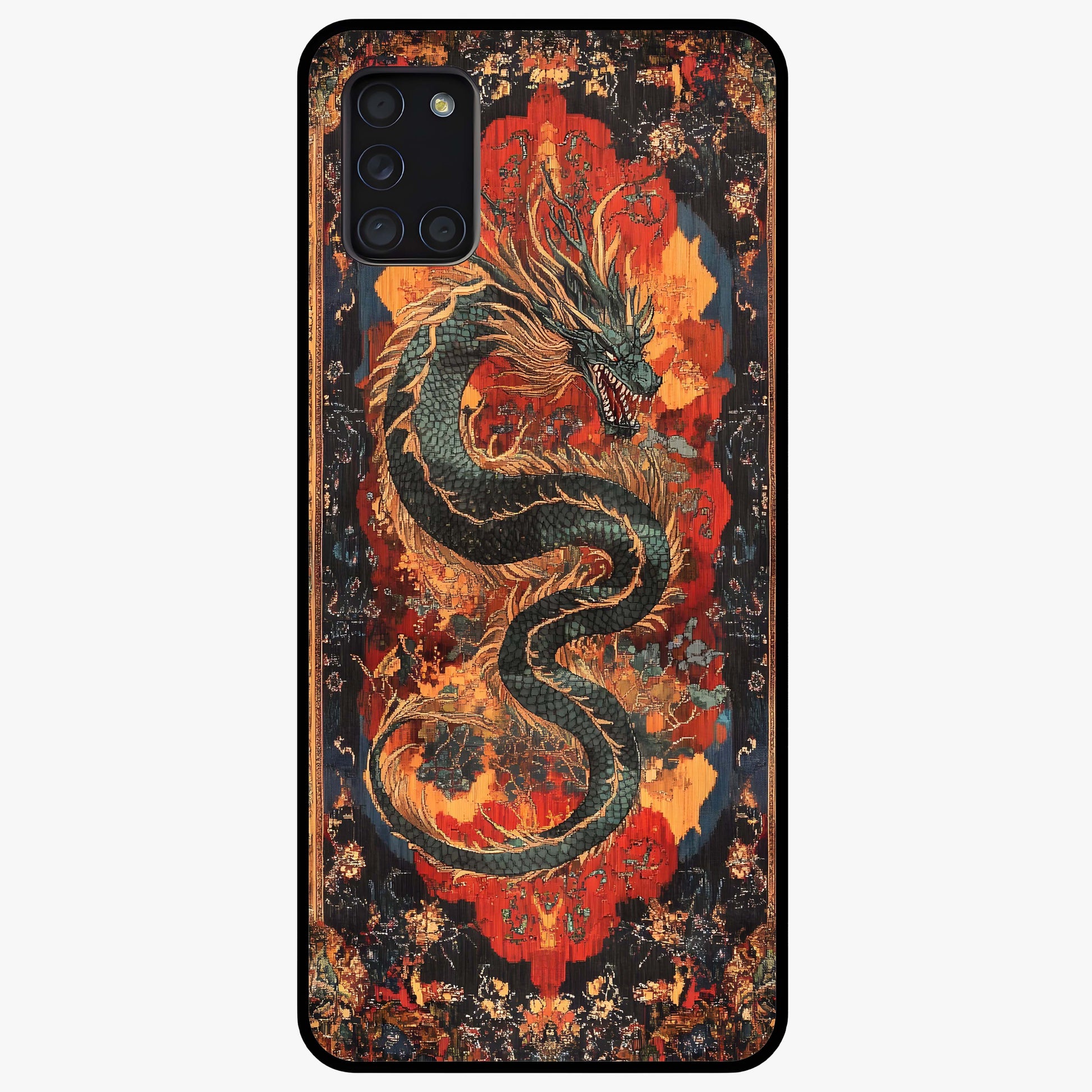 Inferno Dragon Soul Glass Case showing flat back view with fiery dragon artwork and glossy glass finish.