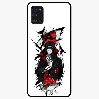 Itachi Sharingan Glass Case showing flat back view with powerful anime eye artwork and glossy glass finish.