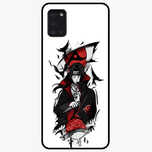 Itachi Sharingan Glass Case showing flat back view with powerful anime eye artwork and glossy glass finish.