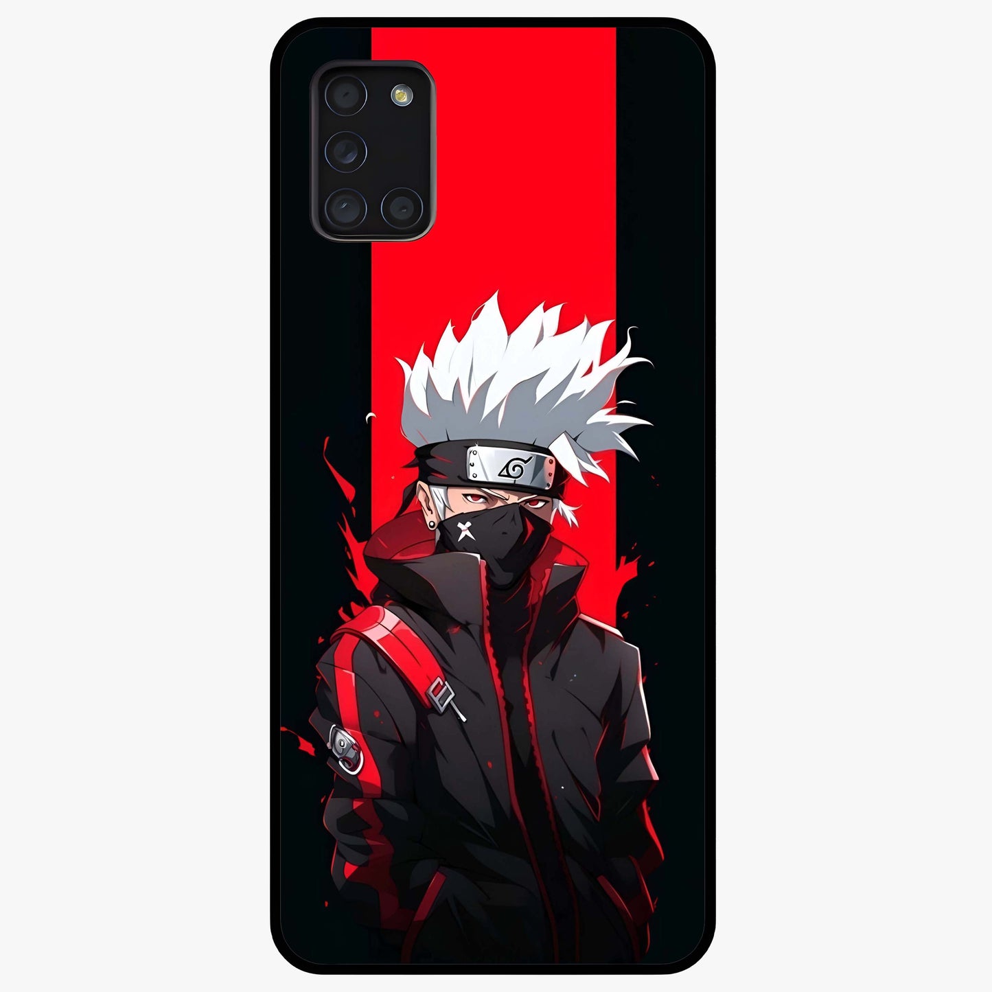 Kakashi Scarlet Shadow Glass Case showing flat back view with powerful anime ninja artwork and glossy glass finish.