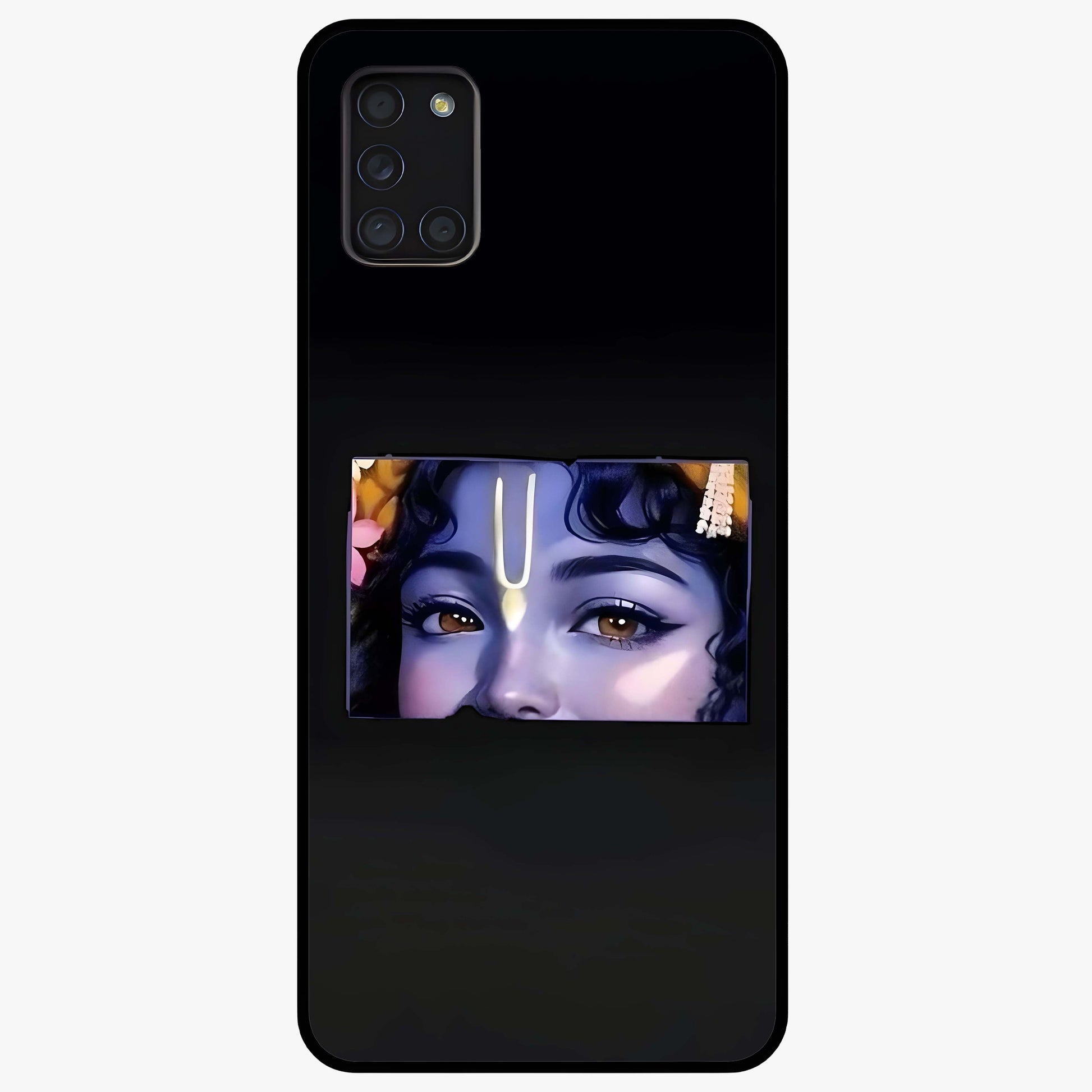 Krishna Divine Embrace Glass Case showing flat back view with Lord Krishna devotional artwork and glossy glass finish.