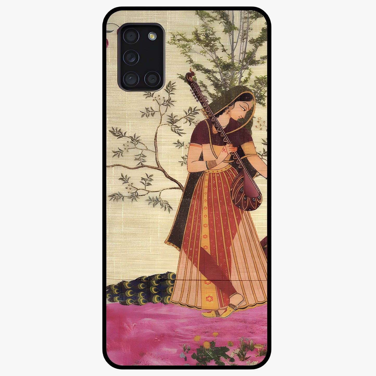 Lady With Veena Art Glass Case showing flat back view with elegant woman playing veena artwork and glossy glass finish.