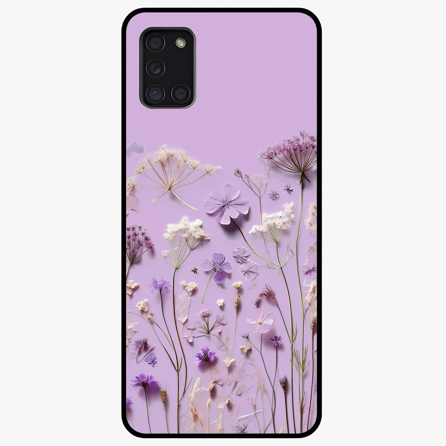 Lavender Blossom Dream Glass Case showing flat back view with soft lavender floral artwork and glossy glass finish.