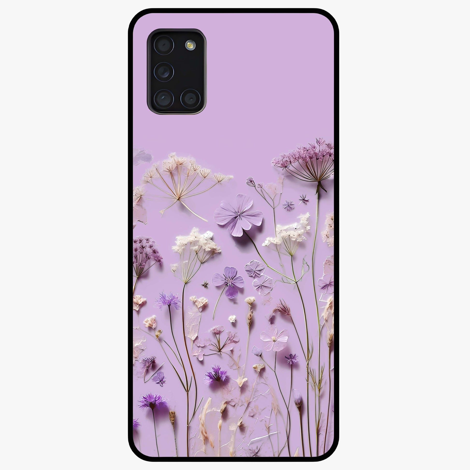 Lavender Blossom Dream Glass Case showing flat back view with soft lavender floral artwork and glossy glass finish.