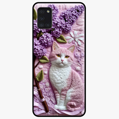 Lavender Cat Whimsy Glass Case showing flat back view with cute lavender cat artwork and glossy glass finish.