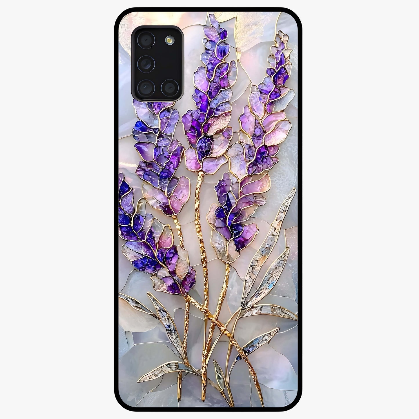 Lavender Dream Glow Glass Case showing flat back view with glowing lavender aesthetic artwork and glossy glass finish.