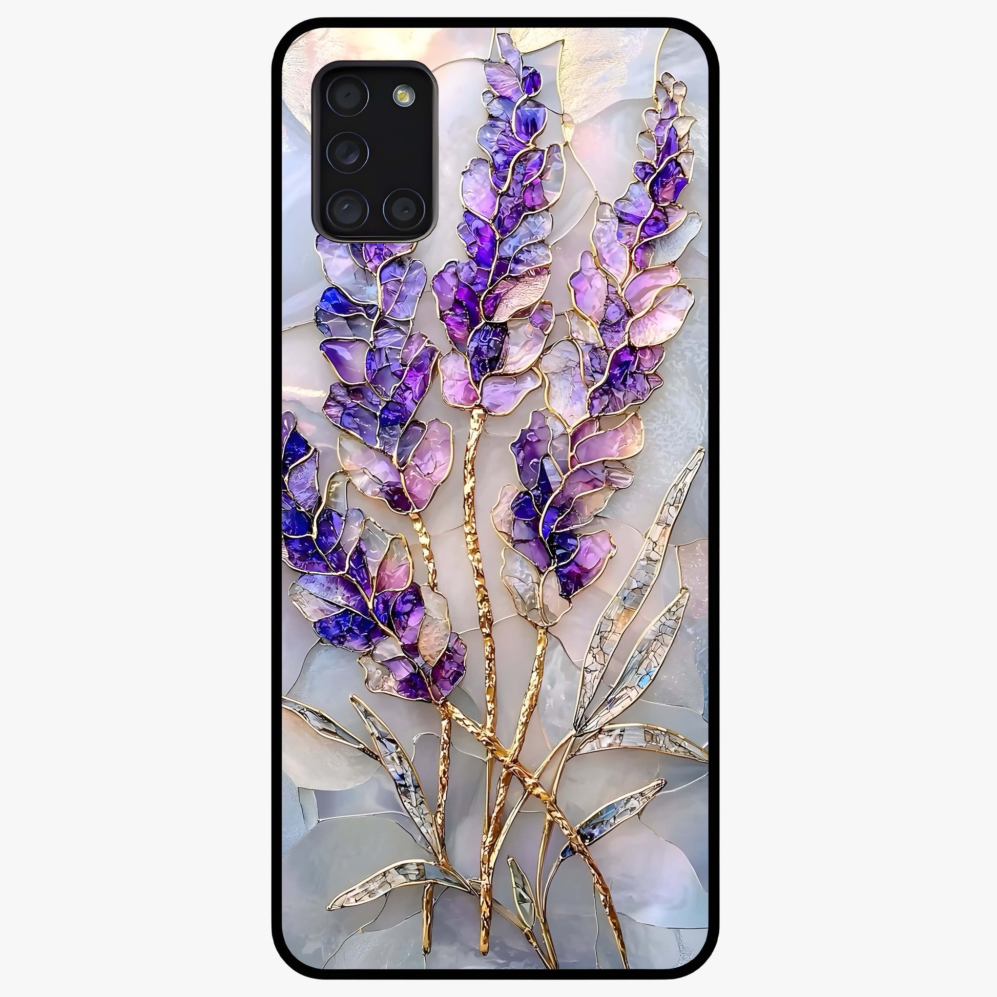 Lavender Dream Glow Glass Case showing flat back view with glowing lavender aesthetic artwork and glossy glass finish.
