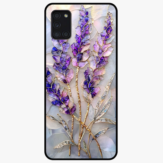Lavender Dream Glow Glass Case showing flat back view with glowing lavender aesthetic artwork and glossy glass finish.