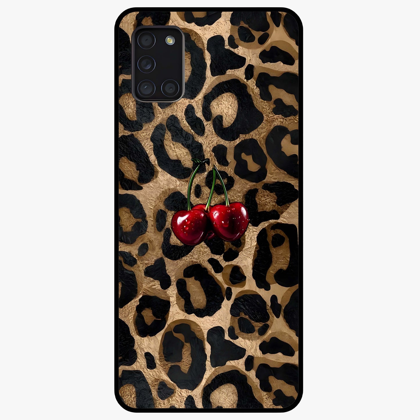 Leopard Wild Cherry Glass Case showing flat back view with leopard pattern and cherry artwork and glossy glass finish.