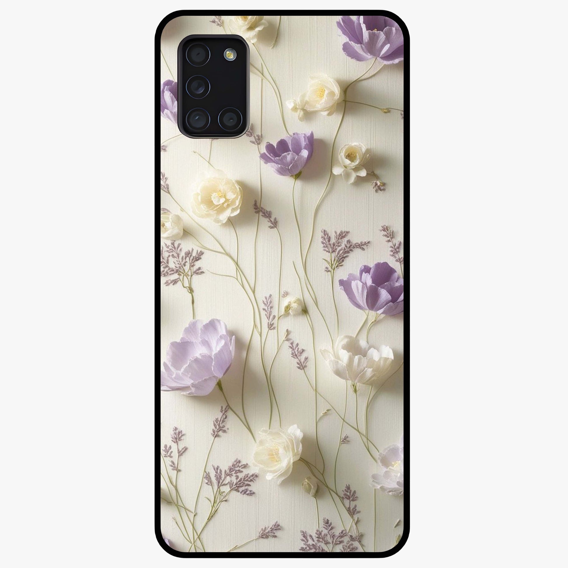 Lilac Breeze Harmony Glass Case showing flat back view with soft lilac themed artwork and glossy glass finish.