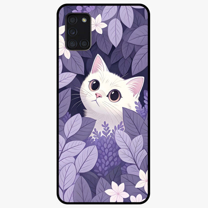 Lilac Hide Peek Cat Glass Case showing flat back view with cute peeking cat artwork and glossy glass finish.
