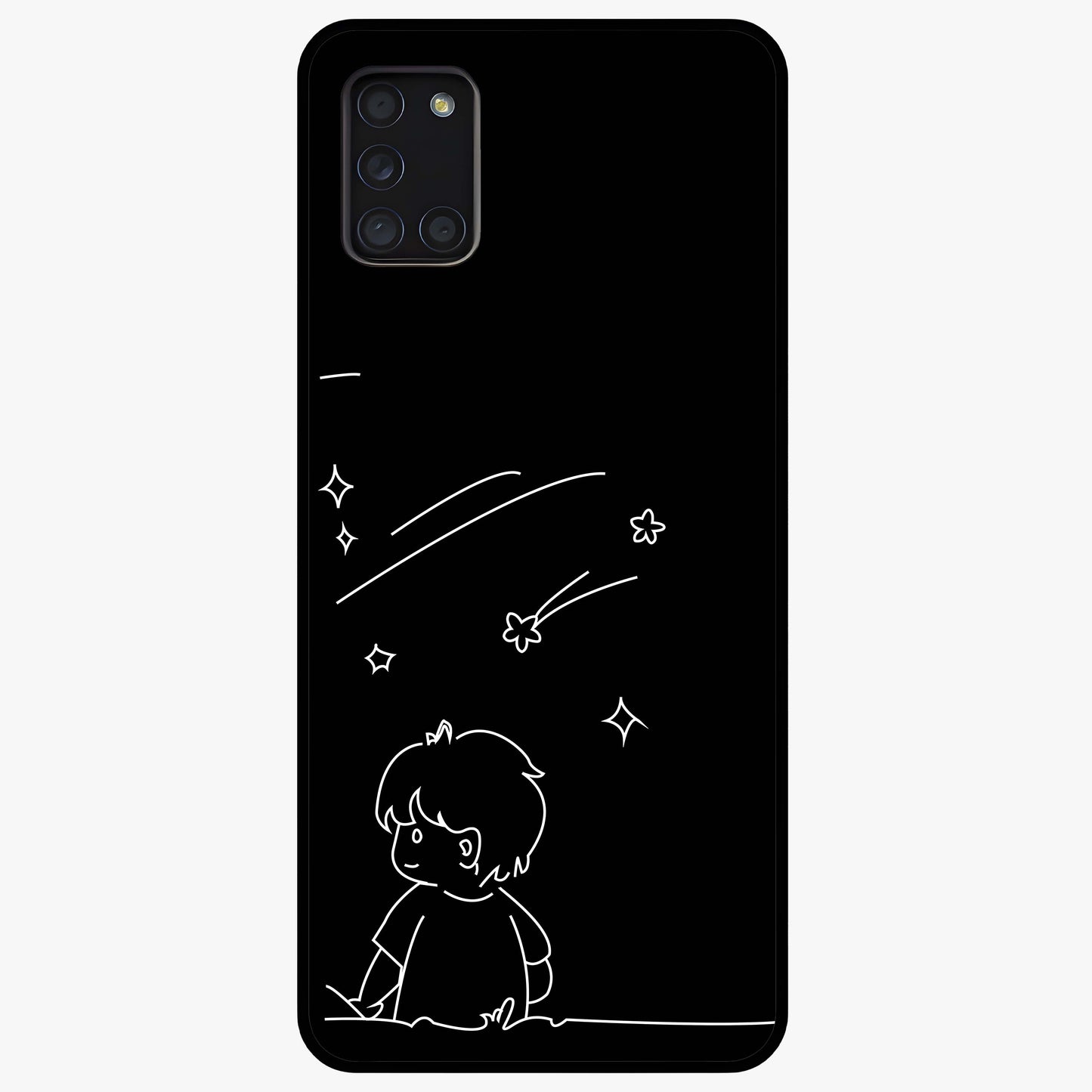 Line Art Boy With Shooting Stars Glass Case showing flat back view with minimal line art boy and shooting stars illustration and glossy glass finish.
