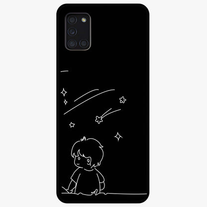 Line Art Boy With Shooting Stars Glass Case showing flat back view with minimal line art boy and shooting stars illustration and glossy glass finish.