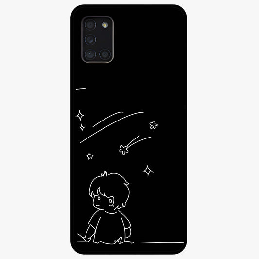 Line Art Boy With Shooting Stars Glass Case showing flat back view with minimal line art boy and shooting stars illustration and glossy glass finish.