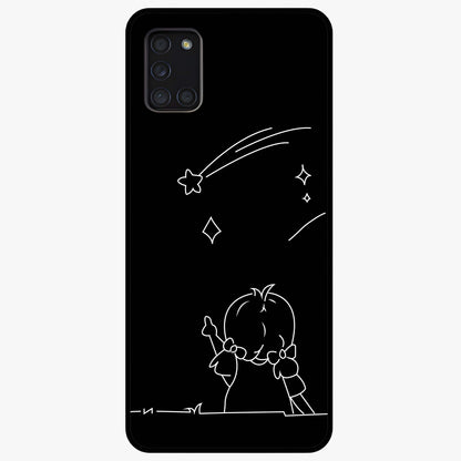 Line Art Girl With Shooting Stars Glass Case showing flat back view with minimal line art girl and shooting stars illustration and glossy glass finish.