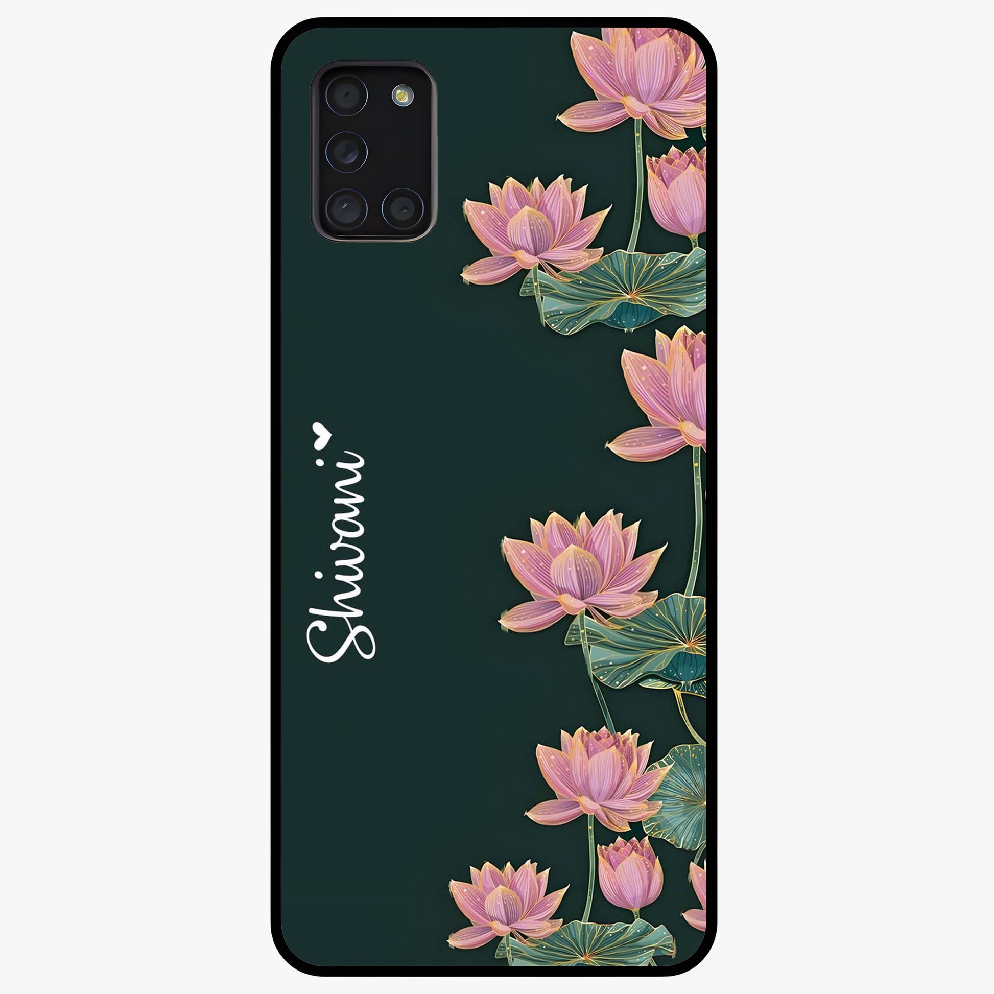 Lotus Bloom Serenity Custom Name Glass Case showing flat back view with elegant lotus flower artwork and personalized name design.