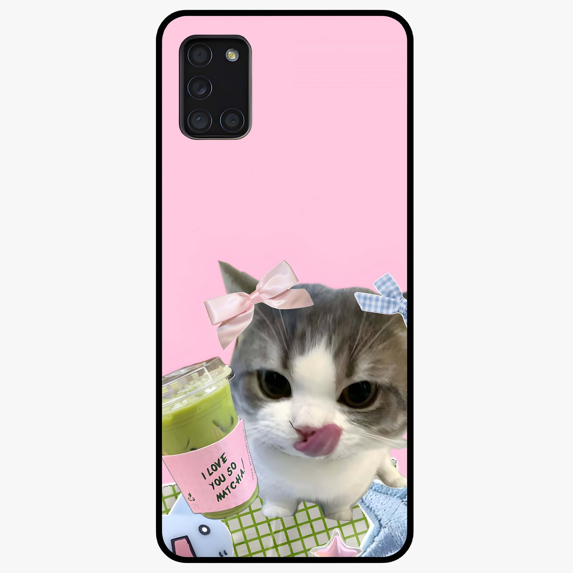 Love Matcha Cat Glass Case showing flat back view with cute cat and matcha themed artwork and glossy glass finish.