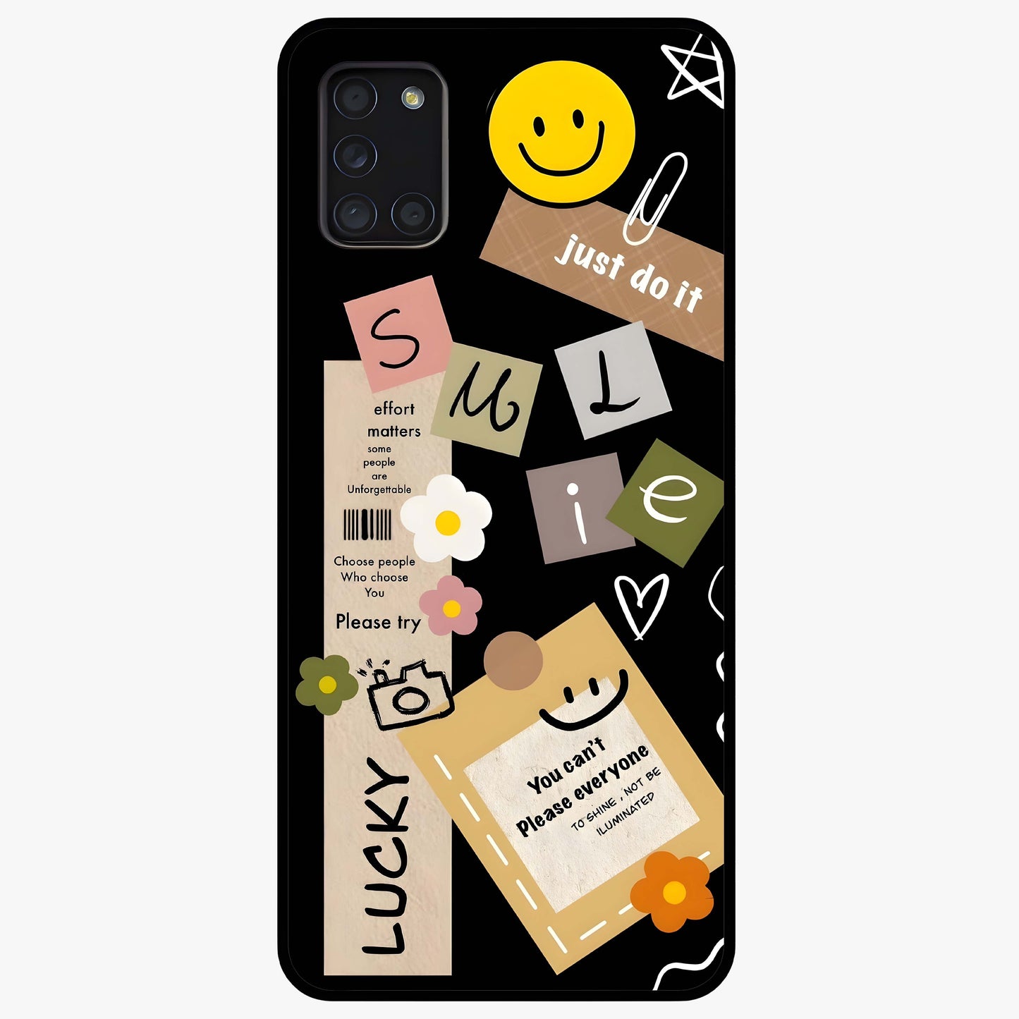 Lucky Aesthetic Collage Glass Case showing flat back view with trendy aesthetic collage artwork and glossy glass finish.