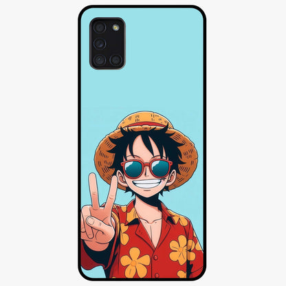 Luffy Summer Anime Vibe Glass Case showing flat back view with vibrant anime character artwork and glossy glass finish.