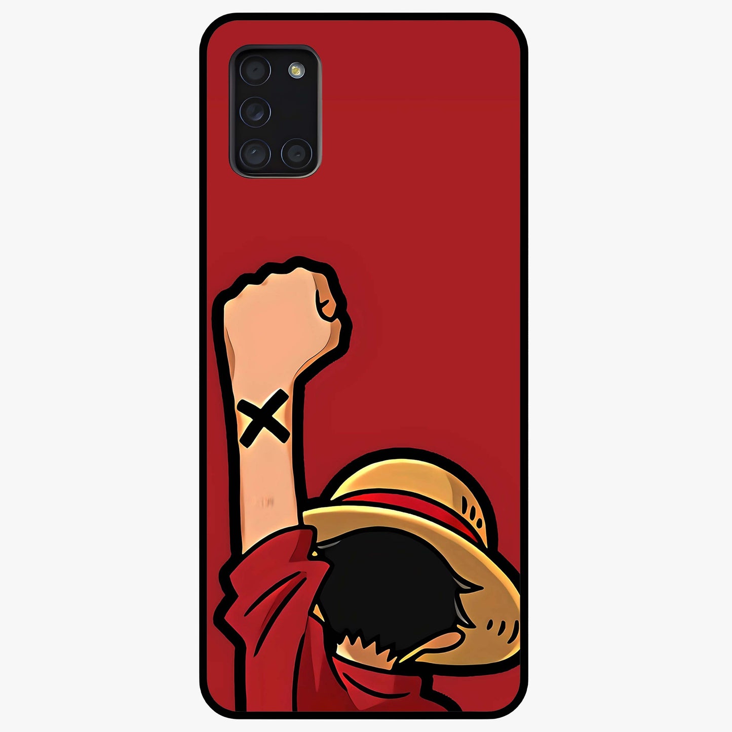 Luffy X Spirit Glass Case showing flat back view with bold anime character artwork and glossy glass finish.