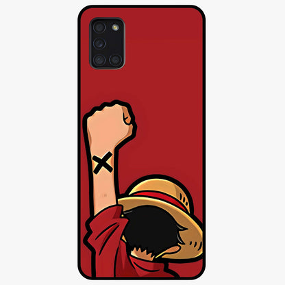 Luffy X Spirit Glass Case showing flat back view with bold anime character artwork and glossy glass finish.