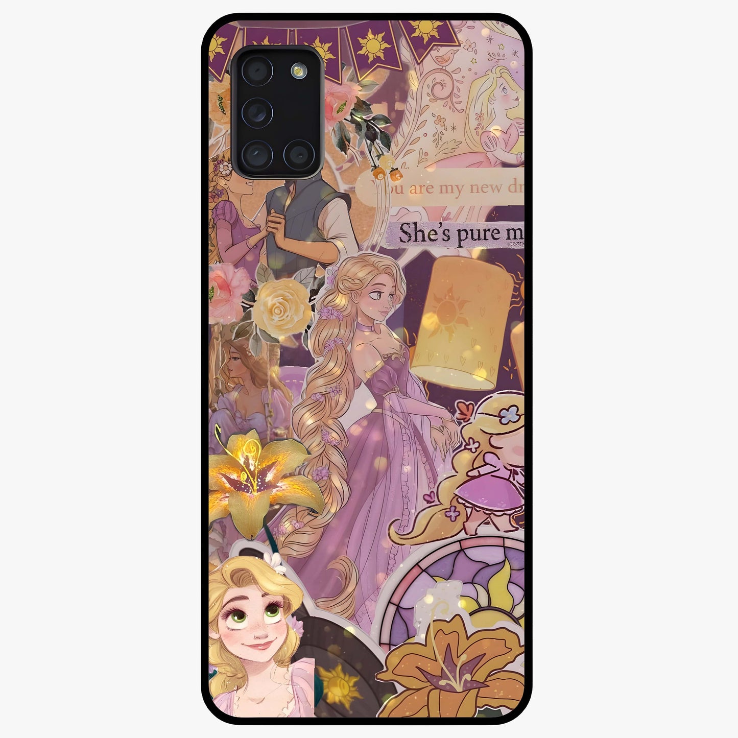 Magical Tangled Dream Glass Case showing flat back view with dreamy tangled artwork and glossy glass finish.