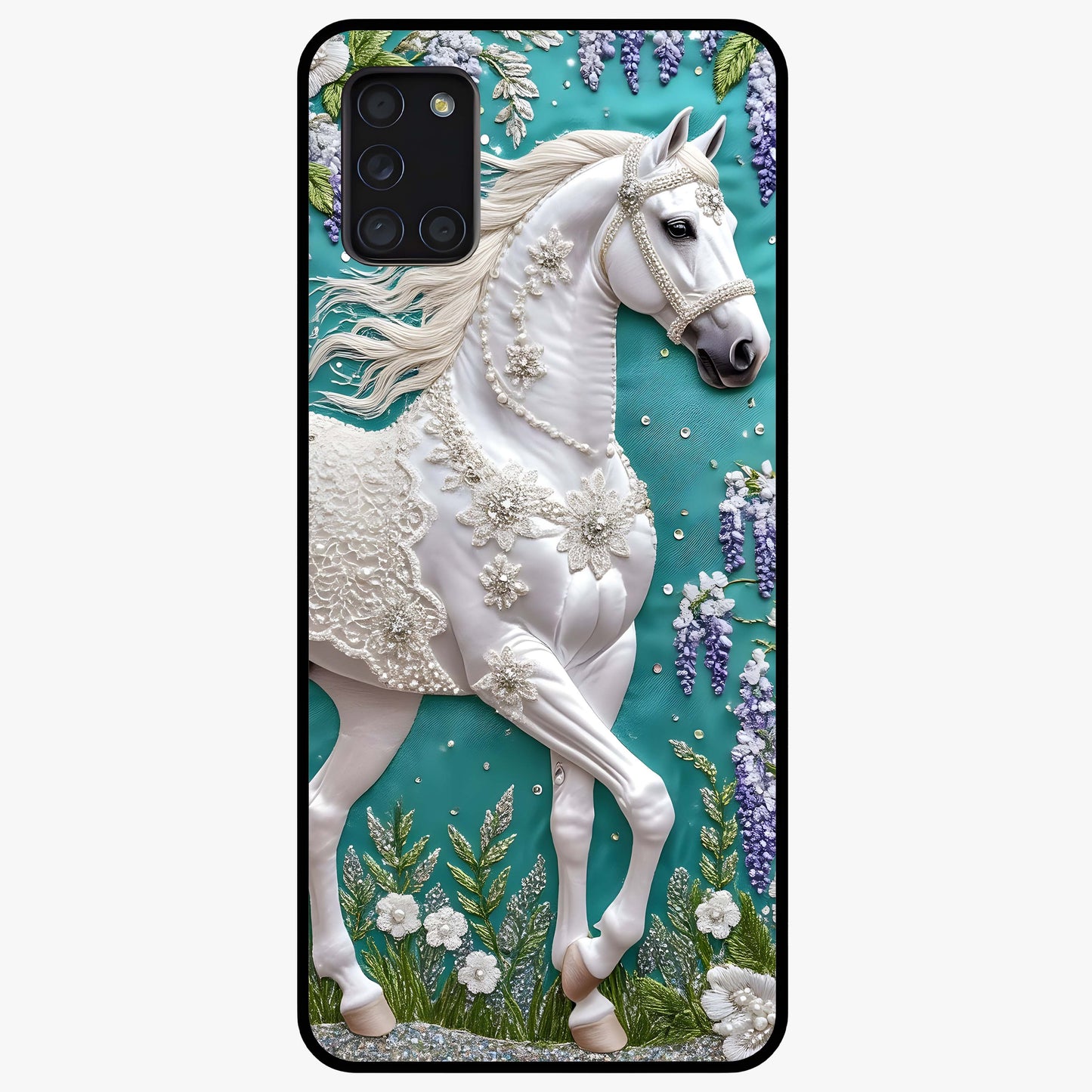Majestic Floral Stallion Glass Case showing flat back view with powerful horse and floral artwork and glossy glass finish.