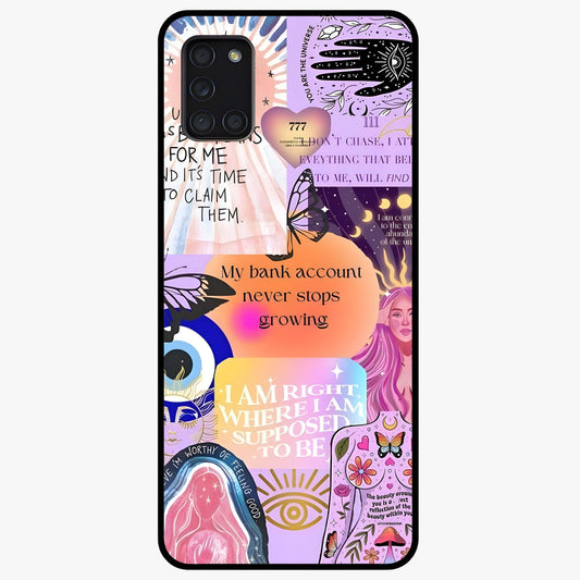 Manifestation Collage Glass Case showing flat back view with motivational collage artwork and glossy glass finish.
