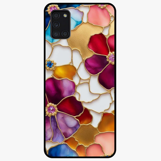 Marble Flower Pattern Glass Case showing flat back view with marble texture floral artwork and glossy glass finish.